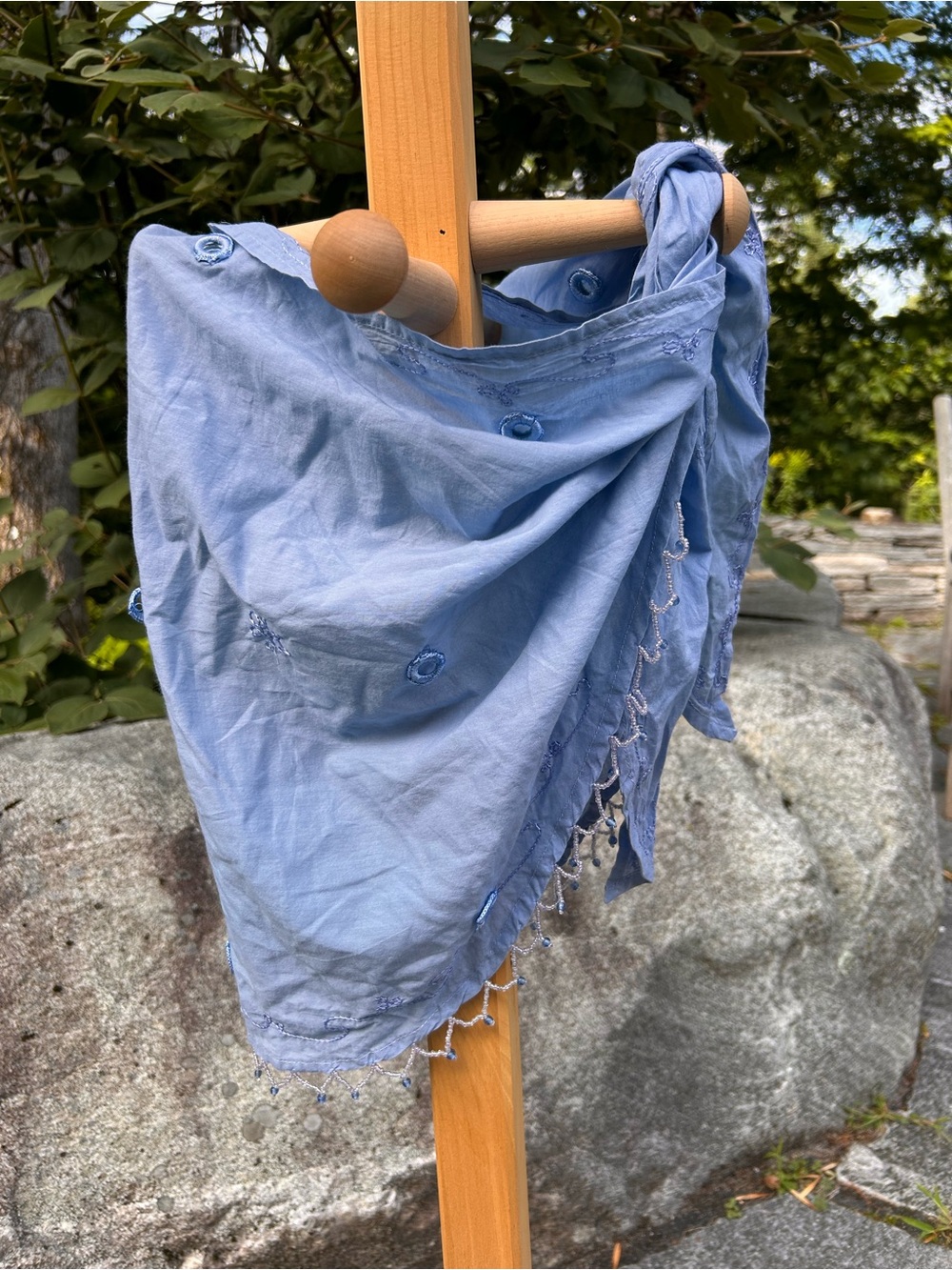 Light Blue Embroidered Cotton Scarf or pareo with Beaded Fringe